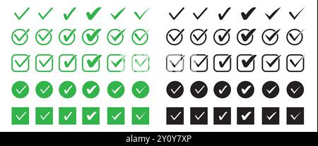 Set di icone piatte con segno di spunta verde e nero. Sagoma del segno di spunta in varie forme. Vettore Illustrazione Vettoriale