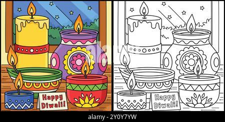 Diwali Festival Diyas and Candle Illustration Illustrazione Vettoriale
