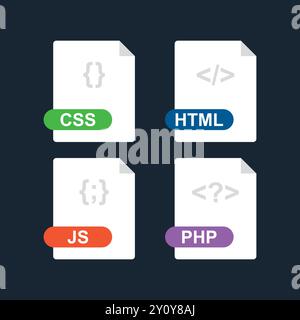 CSS, html, js, php. Raccolta dell'icona flat del formato file di sviluppo Web. Vettore Illustrazione Vettoriale