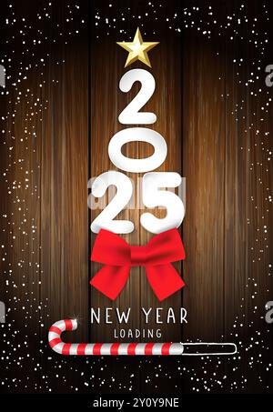 Caricamento Capodanno 2025, biglietto di auguri con numeri di carta, arco rosso e stella natalizia. Creative 3d Numbers 2025 e Christmas Candy Candy cane per la vendita vettoriale di Natale Illustrazione Vettoriale