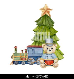 Composizione ad acquerello di un albero di Natale decorato, un treno e un orsacchiotto di forma blu con tamburo rosso. Illusione disegnata a mano Foto Stock