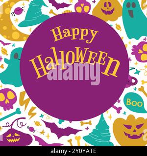 Banner di testo di buon Halloween. Illustrazione vettoriale con zucche, rami, luna, mezzaluna, stelle e caramelle, dolci. Carta colorata con elementi magici Illustrazione Vettoriale