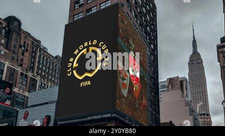 Mockup come esempio per il marketing di cartelloni pubblicitari per la Coppa del mondo FIFA Club 25, al Ahly, New York City, NY, SOLO EDITORIALE USA! Foto Stock