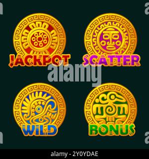 Simboli Maya o Aztechi nella cornice ornamentale. Simboli dorati Wild, Scatter, Bonus e Jackpot per i tuoi giochi slot Illustrazione Vettoriale