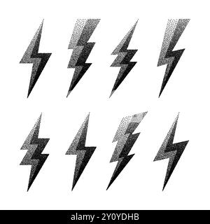 Collezione di icone Lightning bolt. Simbolo flash tratteggiato, thunderbolt. Semplice segno di fulmine. Ombreggiatura a punti, disegno. Illustrazione vettoriale Illustrazione Vettoriale