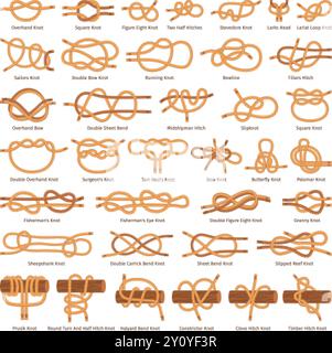 Tipi di nodi di fune. Nodo nautico nodo del cordone dei cartoni animati nodo del filo d'oro quadrato piega marinaio pescatore yachting navicella marina Connect, nodi di filo intrecciato illustrazione vettoriale sfarzosa opera d'arte originale Illustrazione Vettoriale