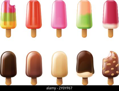 pistoncini 3d. gelatina o gelato su bastoncino colorati papaveri succo di frutta o crema al cioccolato, caramelle estive ghiacciate al lecca lecca ghiacciato, rendering realistico illustrazione vettoriale esatta opere d'arte originali Illustrazione Vettoriale