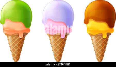 coni per gelato 3d. Il ristorante serve gelati di gelato, palle di panna surgelate nel cono di cialde o tazza di latte surgelato dolci americani durante l'estate, per rendere realistiche le immagini vettoriali originali Illustrazione Vettoriale
