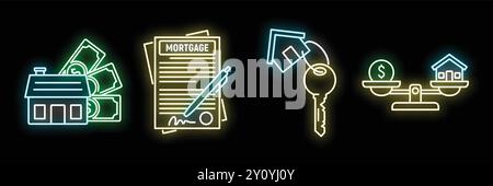Quattro icone al neon che rappresentano diversi aspetti degli immobili e dei mutui, come i prestiti per le case, gli accordi, le chiavi e le monete in dollari su una scala Illustrazione Vettoriale
