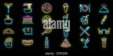 Set di colorate luci al neon che si illuminano sullo sfondo nero icona di cibo e bevande Illustrazione Vettoriale