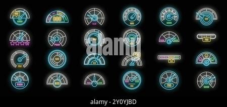 Set di icone colorate con indicatori del punteggio di credito brillanti al neon su sfondo nero, che mostrano lo stato finanziario Illustrazione Vettoriale