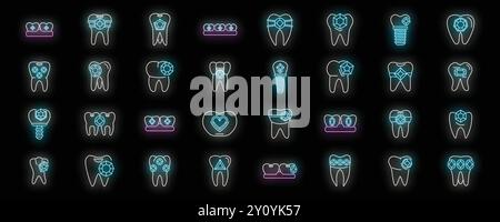 Icone al neon brillanti con gemme dentarie, impianti, bretelle e altri trattamenti odontoiatrici, ideali per dentisti e cliniche dentistiche Illustrazione Vettoriale