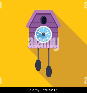 Orologio a cucù viola che colpisce dodici su sfondo giallo, con design piatto e lunga ombra Illustrazione Vettoriale