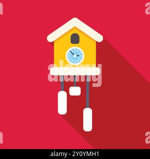 Orologio a cucù giallo con pesi e pendolo appesi, che indica l'ora su uno sfondo rosso Illustrazione Vettoriale