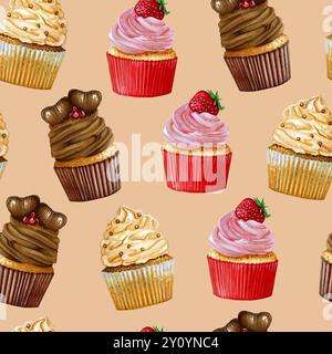 Motivo ad acquerello dei cupcake con dolci panna e frutti di bosco. Le torte sono sullo sfondo beige. Muffin per caffè e pasticceria Foto Stock