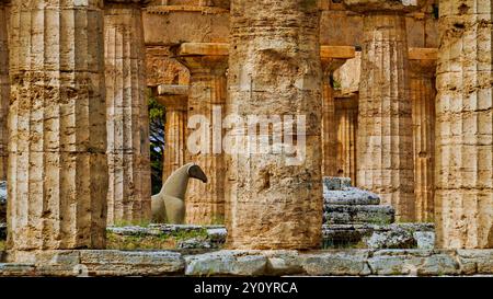 Immagini a colori e fotografi la magnificenza dei templi e degli scavi archeologici dell'antica città greca di Paestum, Italia, Campania, sale Foto Stock