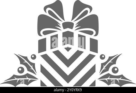 Illustrazione vettoriale di una scatola regalo a righe con scatola raffigurata vicino a foglie e bacche di agrifoglio come simbolo del giorno di Natale Illustrazione Vettoriale