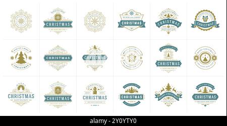 La tipografia vettoriale di Natale ornava etichette e badge, buon anno e festività invernali auguri per biglietti d'auguri, regali e banner, elementi di design se Illustrazione Vettoriale