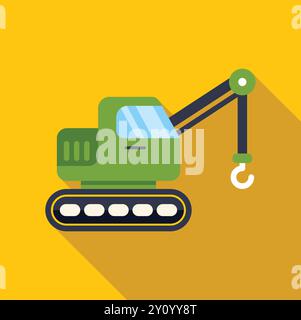 Illustrazione vettoriale minimalista di sollevamento di una gru cingolata con il suo gancio esteso, raffigurata su uno sfondo giallo brillante Illustrazione Vettoriale