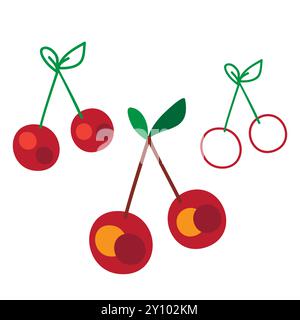 Disegno del contorno di ciliegio, set di illustrazioni vettoriali botaniche disegnate a mano. Design della collezione elementi isolati per colorare pagine di libri, sfondo, pacchetti Illustrazione Vettoriale
