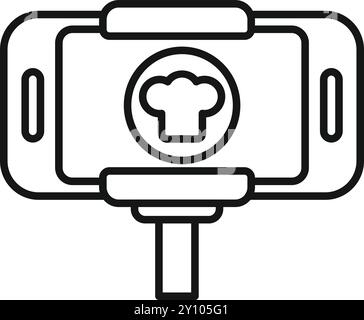 Questa semplice illustrazione vettoriale raffigura uno smartphone montato su un treppiede, con l'icona di un cappello da chef, che simboleggia le lezioni di cucina online e il vlogging del cibo Illustrazione Vettoriale