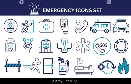 Set di icone di emergenza. Ambulanza, pronto soccorso, pulsante allarme, polizia, attacco di panico, lifebuoy, illustrazione vettoriale. Illustrazione Vettoriale