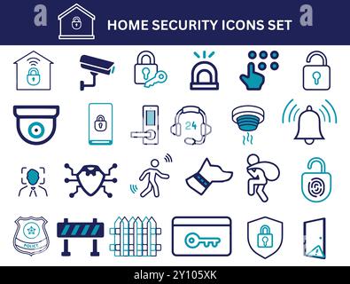 Set di icone sicurezza domestica modificabile. Smart Home, CCTV, allarme, codice, blocco e chiave, sorveglianza, allarme, illustrazione vettoriale. Illustrazione Vettoriale