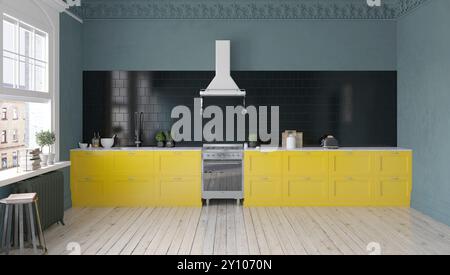 Cucina moderna con armadi gialli e spruzzi neri. Foto Stock