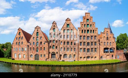 Vista generale del Salzspeicher, un complesso storico di ex magazzini del sale costruito tra il XVI e il XVIII secolo sul fiume trave a Lübeck, Germania. Foto Stock