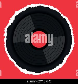 Disco di registrazione in vinile su sfondo rosso e nero strappato. Emblema degli amanti della musica in un design piatto. Illustrazione vettoriale Illustrazione Vettoriale