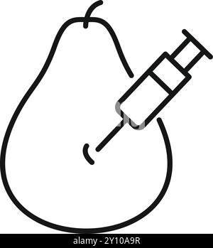 Icona line art di una siringa che inietta una sostanza chimica in una pera, che rappresenta un alimento geneticamente modificato Illustrazione Vettoriale