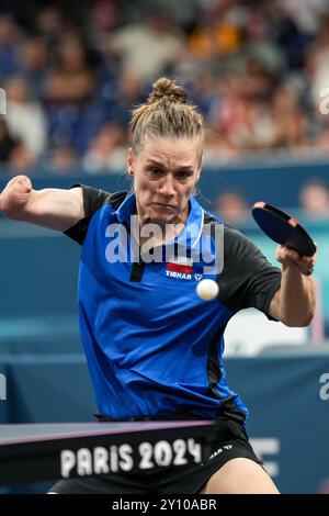 Parigi, Francia. 4 settembre 2024. Natalia Partyka della Polonia gareggia durante la finale di singolo femminile di Para Table Tennis WS10 contro Yang Qian dell'Australia ai Giochi Paralimpici di Parigi 2024, in Francia, 4 settembre 2024. Crediti: Zhang Cheng/Xinhua/Alamy Live News Foto Stock