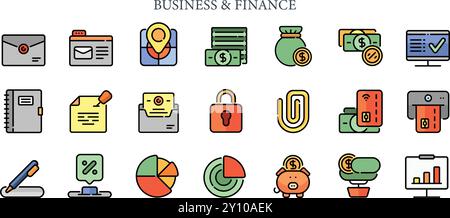 Set icone Business e Finance. Posta, mappa, monitor, notebook, lucchetto, graffetta, metodo di pagamento, percentuale, penna, grafico a torta, salvadanaio, impianto Illustrazione Vettoriale