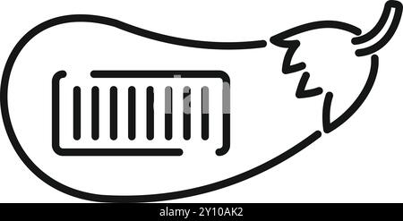Disegno in linea di una melanzana con codice a barre, che rappresenta il concetto di alimento geneticamente modificato Illustrazione Vettoriale