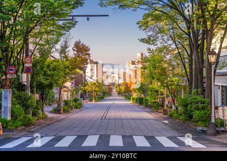 Nagano, Giappone, lungo Nakamise Street all'alba. Foto Stock