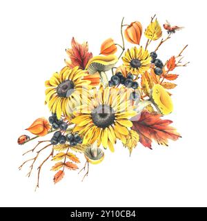 Frutti di bosco autunnali physalis, chokeberry, foglie di rowan, acero, betulla, funghi di russola, fiori di rudbeckia, rami di alberi e coccinelle. Acquerello Foto Stock