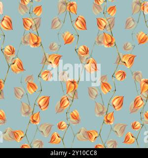 Autunno arancio physalis bacche su rami secchi, senza foglie fiori secchi. Illustrazione disegnata a mano in acquerello. Motivo senza cuciture su sfondo blu. Foto Stock