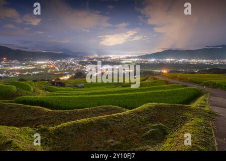 Obasute, Nagano, Giappone terrazze di riso al crepuscolo d'estate. Foto Stock