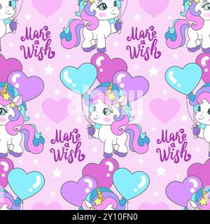 Crea un desiderio..motivo senza cuciture con unicorni e palloncini, su sfondo rosa. In attesa del design di tessuto, sfondi, sfondi, prin Illustrazione Vettoriale