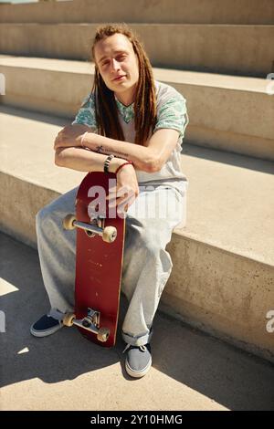 Foto completa di un ragazzo adolescente con un tatuaggio sul braccio che tiene lo skateboard mentre posa su una panchina di cemento guardando la fotocamera nelle giornate di sole all'aperto Foto Stock