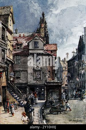 Casa di John Knox nella High Street, tra cui il condotto d'acqua costruito in pietra e St Mary Street. Da una selezione di stampe a colori di dipinti di John Fulleylove, che furono pubblicati nel 1904 da Adam e Charles Black. Fulleylove era un paesaggista inglese rinomato per le sue composizioni colorate. Originariamente si è formato come architetto e l'architettura è prominente in molti dei suoi dipinti. Foto Stock