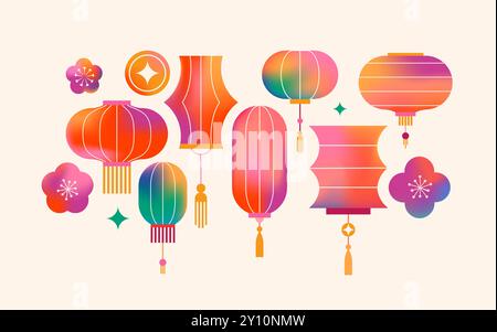 Icone, simboli e decorazioni del Capodanno cinese. Progettazione lineare astratta, illustrazioni. Lanterne artistiche in linea, fiori, nuvole e cornici. Raccolta di Illustrazione Vettoriale
