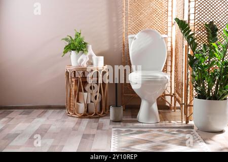 WC bianco, rotoli di carta e piante da casa in bagno Foto Stock