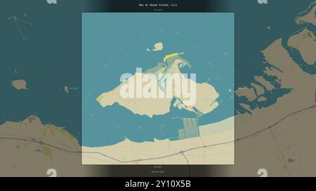 Abu al Abyad Island nel Golfo Persico, appartenente agli Emirati Arabi Uniti, descritta ed evidenziata su una mappa topografica in stile umanitario OSM Foto Stock