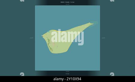 Isola di Anholt nel Kattegat, appartenente alla Danimarca, descritta ed evidenziata su una mappa topografica in stile umanitario OSM Foto Stock