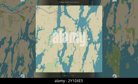 Arrowsic Island nell'Oceano Atlantico settentrionale, appartenente agli Stati Uniti, descritta ed evidenziata su una mappa topografica in stile umanitario OSM Foto Stock