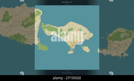 Pulau Bali nel mare di Bali, appartenente all'Indonesia, descritto ed evidenziato su una mappa topografica in stile umanitario OSM Foto Stock
