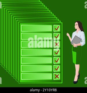 Una donna studia i risultati del sondaggio per identificare e comprendere i problemi nel processo decisionale. Concetto di business. Illustrazione vettoriale 2D. Illustrazione Vettoriale