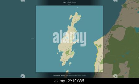 Gigha Island nel Mare interno al largo della costa occidentale della Scozia, appartenente al Regno Unito, descritta ed evidenziata su un topografico, OSM Humanitari Foto Stock