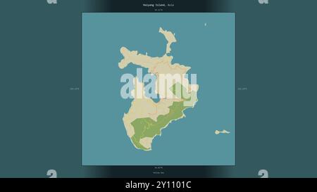 Haiyang Island nel Mar giallo, appartenente alla Cina, descritta ed evidenziata su una mappa topografica in stile umanitario OSM Foto Stock